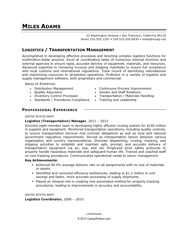 Military-to-Civilian Conversion - Sample Resume for Logistics (after ...