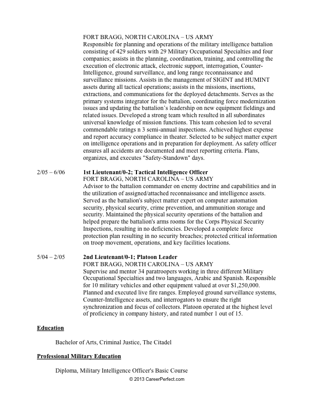 Professionally Written Military Resume To Civilian Sample