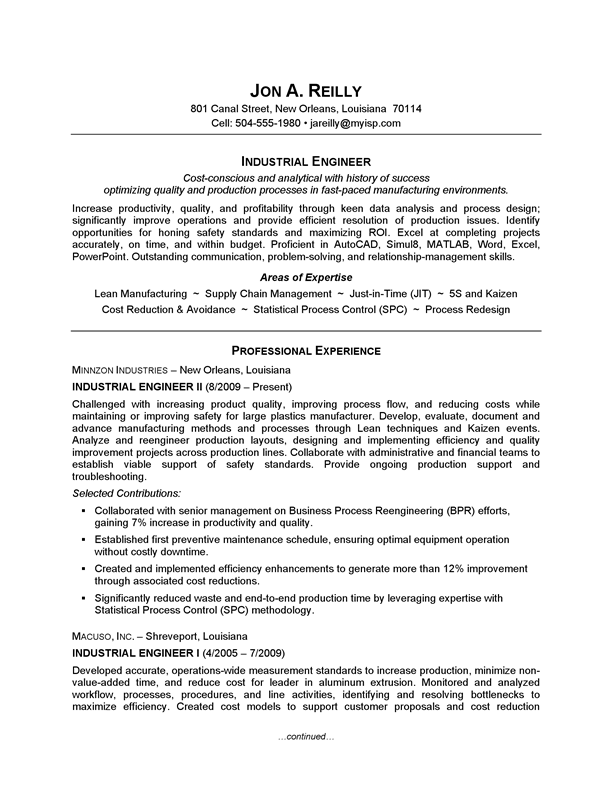 Engineer Sample Resume Resume Example - Industrial Engineering  CareerPerfect.com