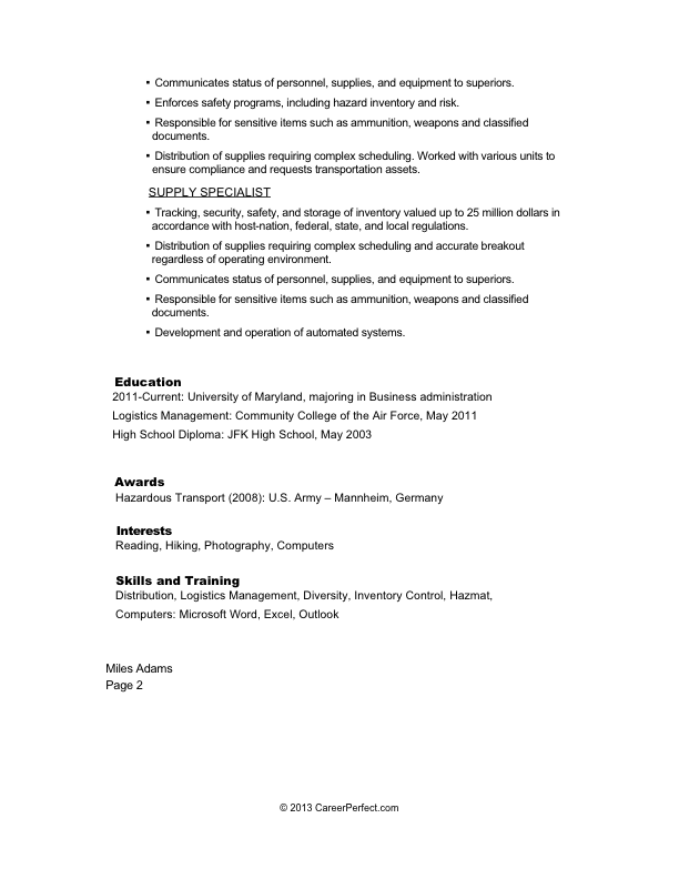 Military-to-Civilian Conversion  - Sample Resume for Logistics (before) [page 2]