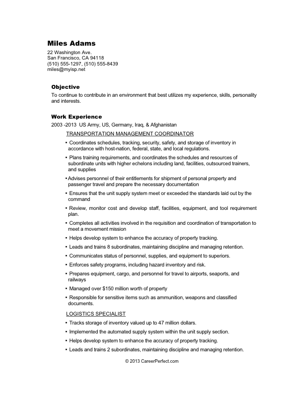 Military-to-Civilian Conversion  - Sample Resume for Logistics (before) [page 1]