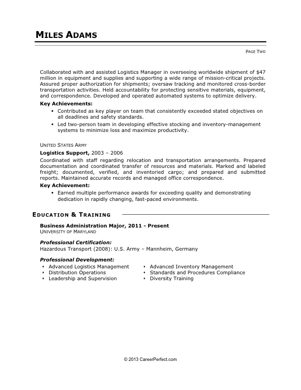 Military-to-Civilian Conversion  - Sample Resume for Logistics (after) [page 2]