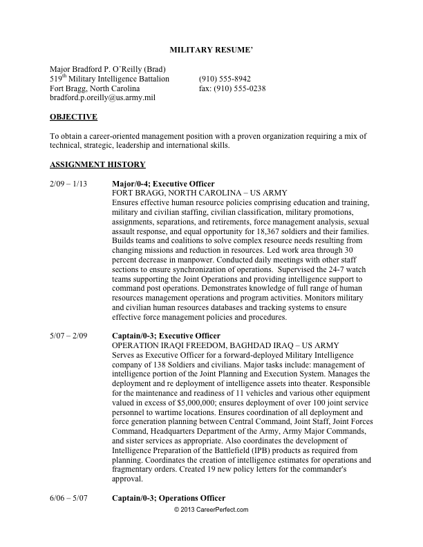 Military-to-Civilian Conversion  - Sample Resume for Management (before) [page 1]