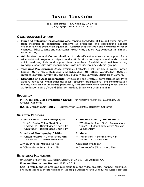 Academic Skill Conversion Film and Television Production Sample Resume